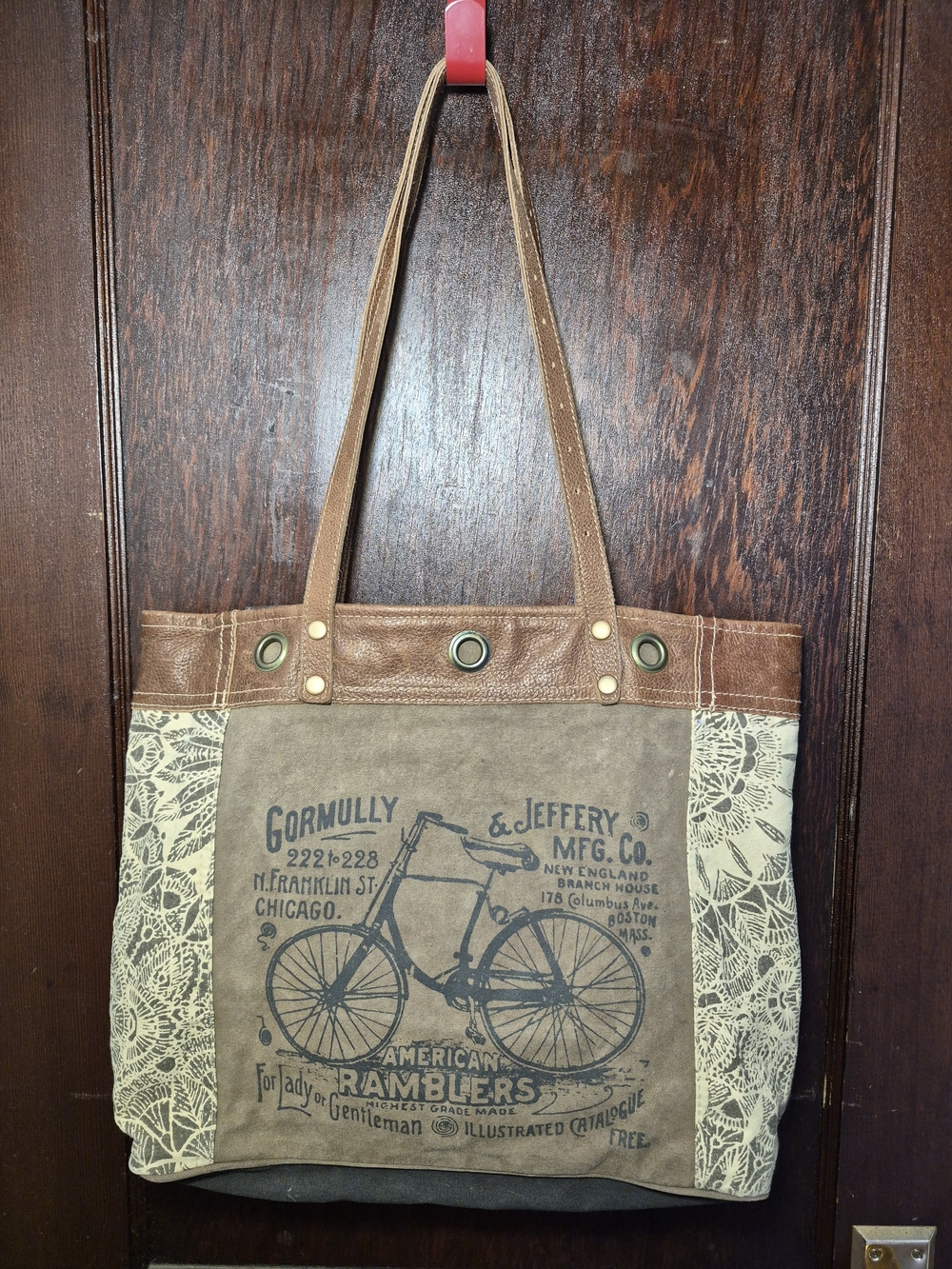 Myra Bag Brown Canvas Tote with Bicycle Print and Cream Lace Panels